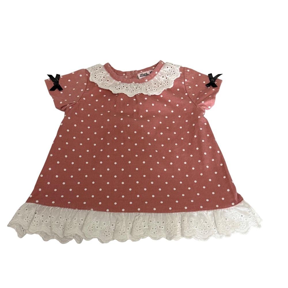 Little Lass Baby Pink Polka Dot Corduroy Dress Eyelet Lace Collar Bows 6/9M
